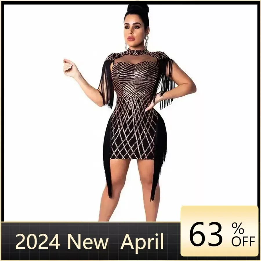 Women's Clothing Summer With  Mesh Sequins Bodycon Birthday For Women Sexy Evening Night Club Party Dresses Vestido