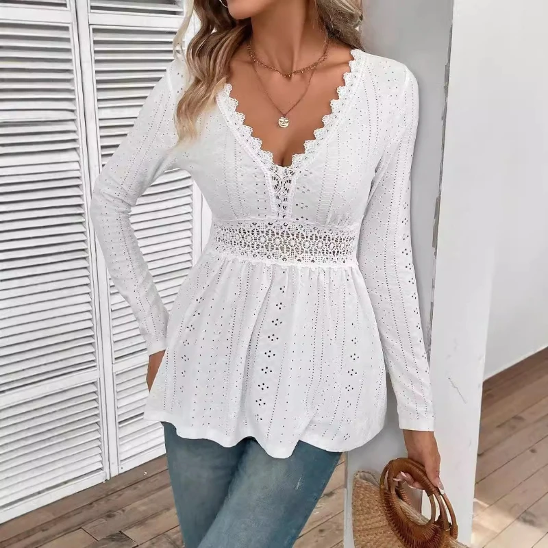 

New Spring and Autumn 2026 Fashion Women's V-Neck Lace Shirt Elegant Embroidery Fashion White Long Sleeve T-Shirt Slim Blouse