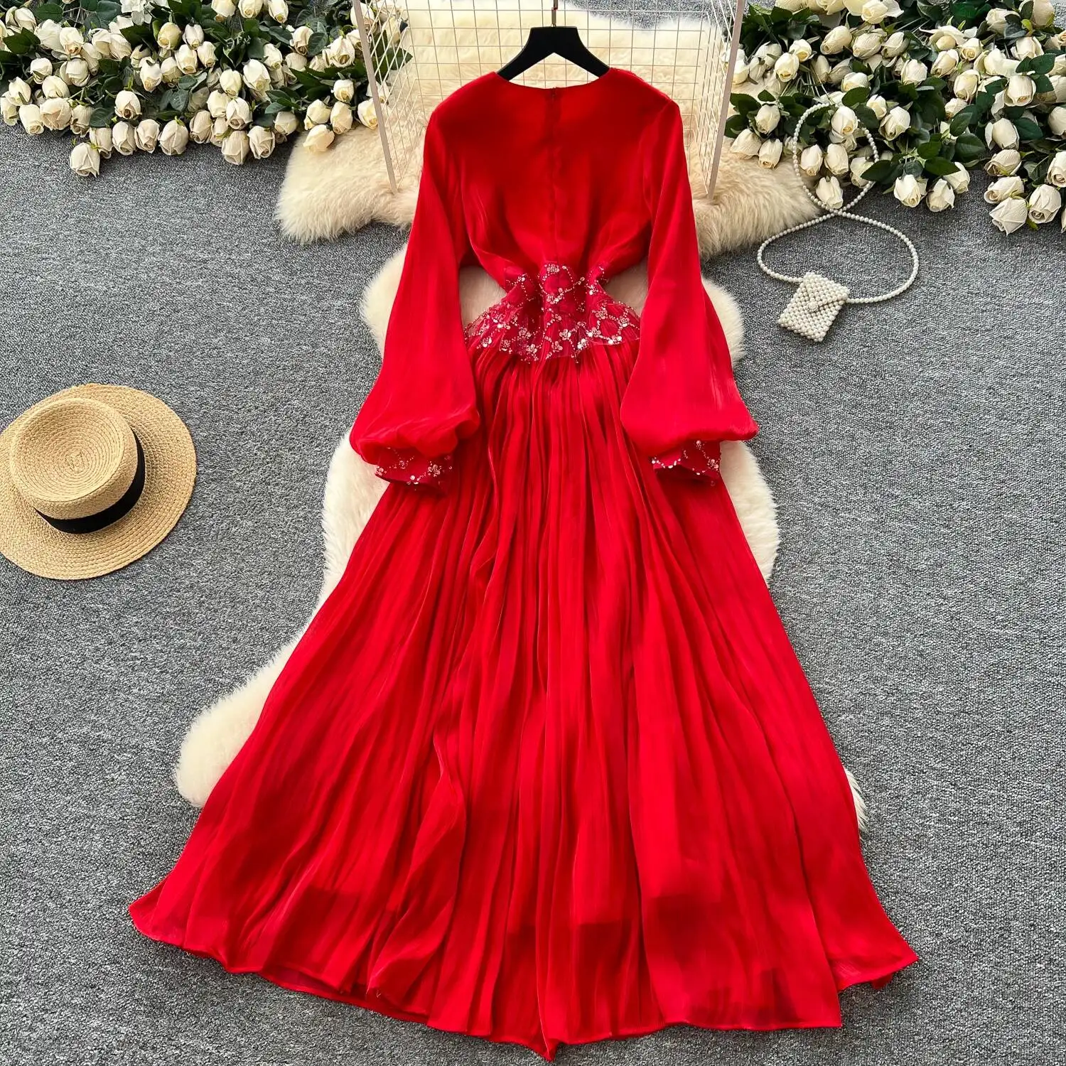 Chique vintage O-hals met lange mouwen Elegante Fee Koreaanse mode Boho Zonnejurk Strand dameskleding