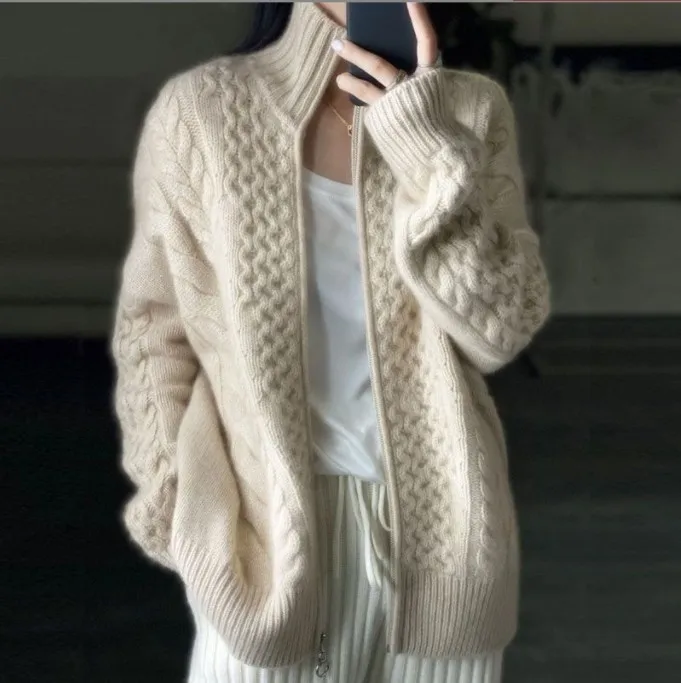 

Heavy Weight Women High Neck Zip Cardigan Cable Knit Wool Blend Sweater Short Top Coat