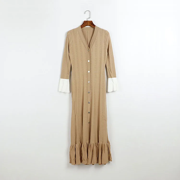 Vestido maxi de malha com nervuras feminino com decote em v botão contraste punhos manga longa em camadas plissado vestidos elegantes 2026 outono/inverno vestido