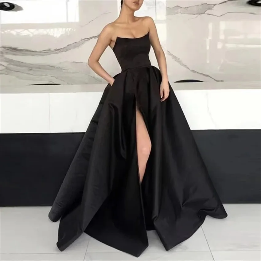 Elegant Long Evening Party Gowns Wine Red Women Side Slit Strapless Satin Formal Dress Burgundy Prom Dresses with Pockets