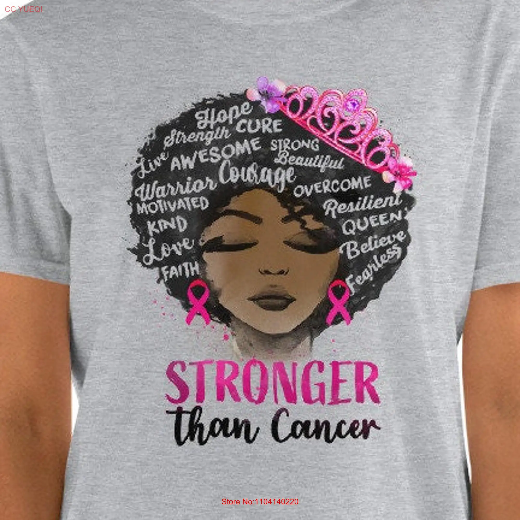 Breast Cancer T Shirt Black Women Queen Stronger Than Awareness Fight Afro long or short sleeves