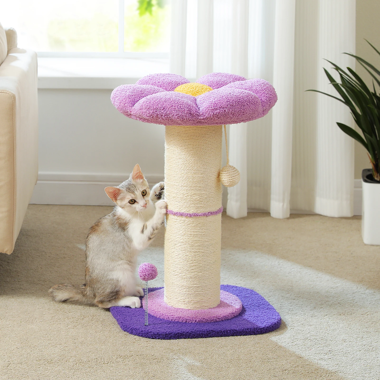 Flower Cat Scratching Post, Small Cat Tree, Tall Cat Scratcher for Indoor Cats with Thick Scratching Post, Spring Ball, Cat Toys