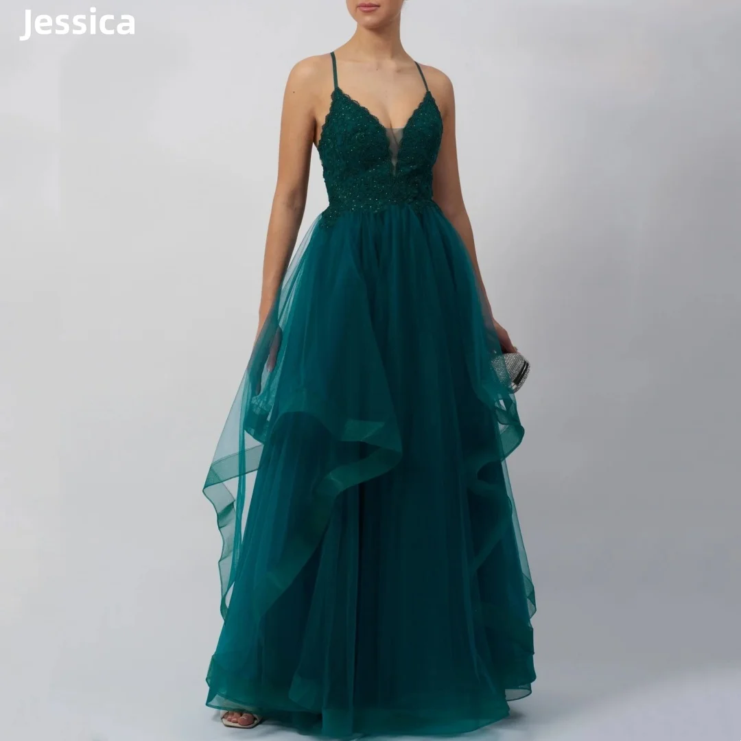 Jessica Green Wedding Dress Embroidered Sequin Princess Prom Dresses Fluffy Tulle Layering Sexy BacklessBespoke Occasion Dresses