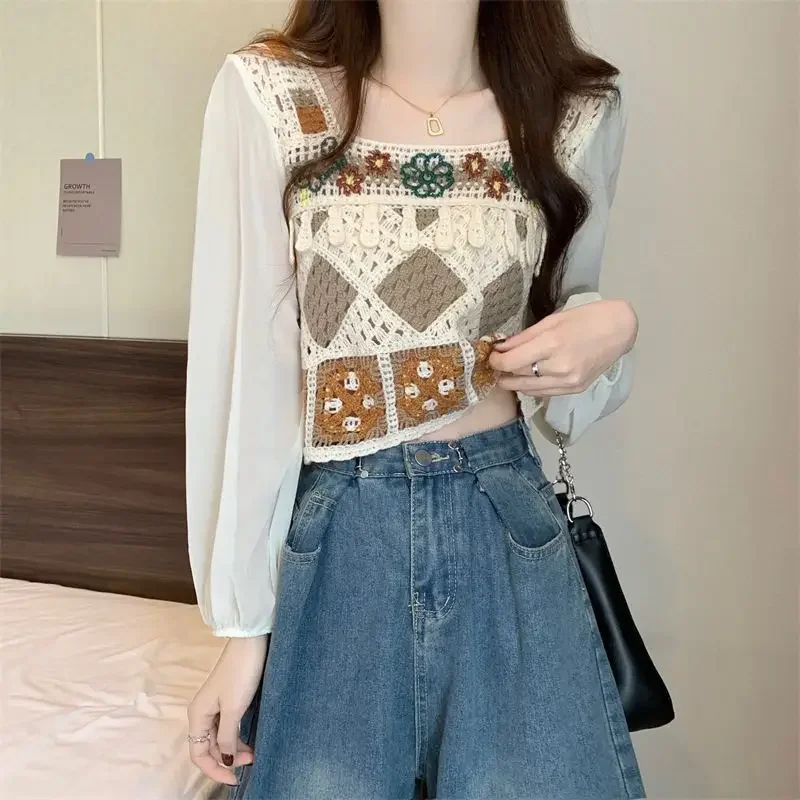 

Bubble Sleeve Shirt for Women's Temperament Square Neck Chiffon Shirt Bohemian Style Crochet Hollow Knitted Patchwork