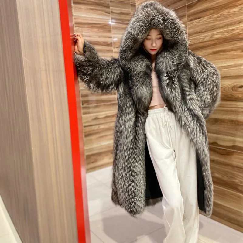 

New Autumn and Winter Women Faux Fur Coat Long Faux Fox Fur Overcoat, Fashionable and Popular Hooded Overcoat Winter Windbreaker
