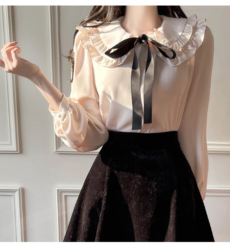 New Long Sleeve Bow Doll Collar Women Shirt Chiffon Shirt Blouse Women Tops Blouses Shirts Blusas Para Mujer Camisas 2024 M115