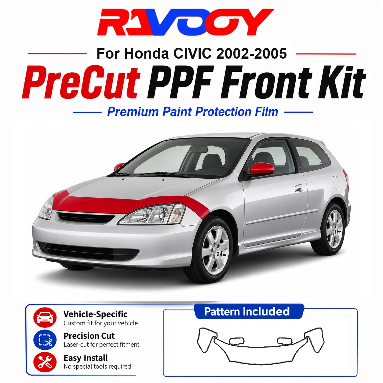 Kit de Película Protetora (PPF) de TPU Pré-Cortada de 8.5mil para Honda CIVIC 2002-2005 - Conjunto para Capô, Para-lamas e Espelhos - Película Transparente Autorregenerativa