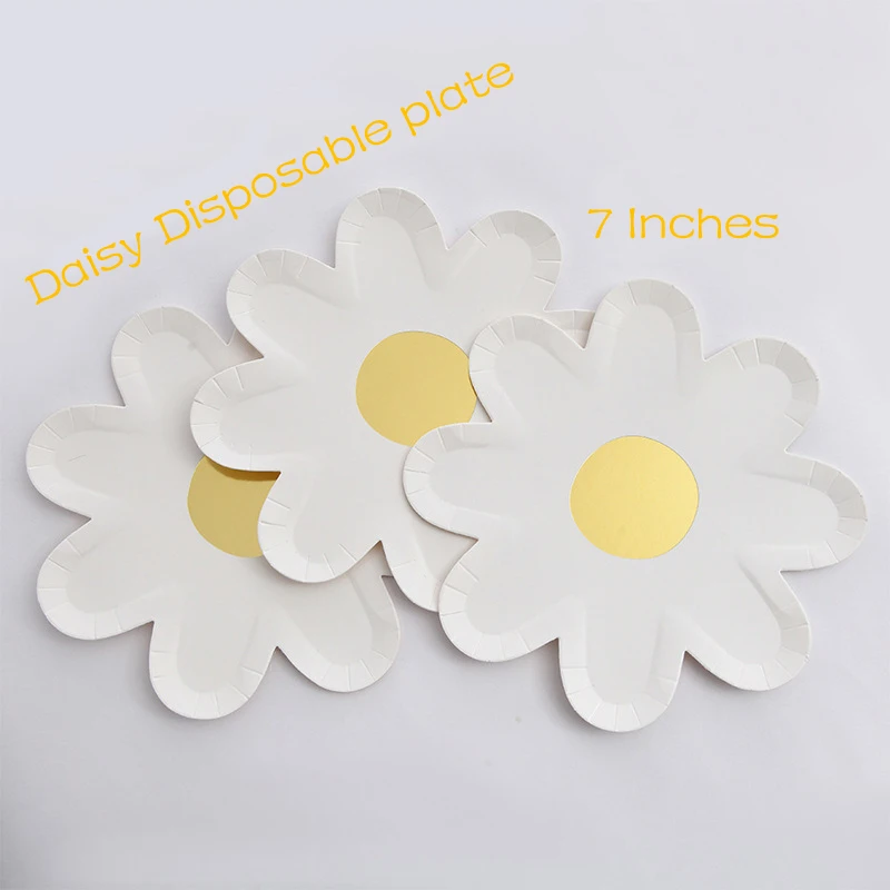 10Pcs 7 Inches Daisy Picnic Tableware Disposable Plate Flower Dinner Plate Cake Tray for Kids Birthday Baby Shower Party Decor