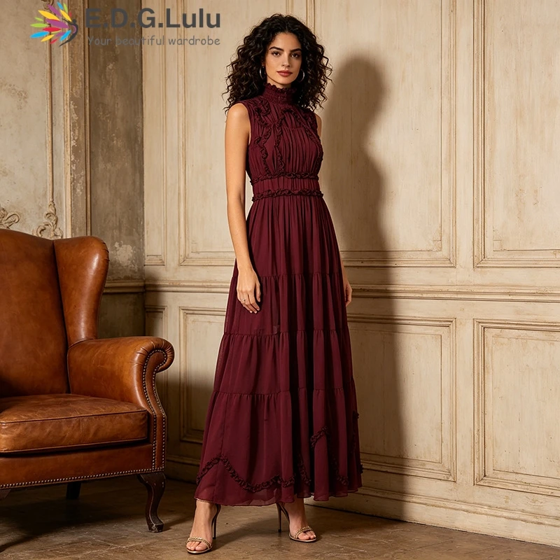EDGLuLu Fashion New Stand Collar Edible Tree Fungus Sleeveless Party Dress Elegant Red Chiffon Long Dress 2026 Summer 0626