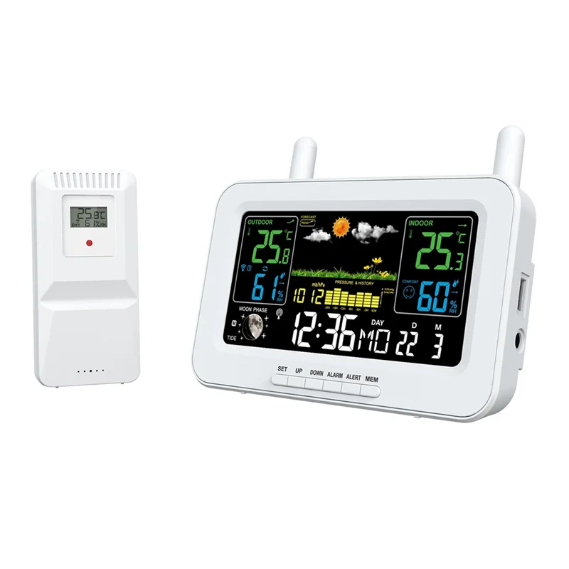 BNVN-Color Screen Digital Weather Station Sunrise And Sunset Thermometer Hygrometer With Wireless Outdoor Sensor EU Plug