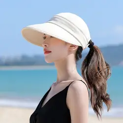 Women Summer Sun Hat Casual Foldable Wide Brim Detachable Empty Top Ponytail Cap Adjustable UV Protection Sun Hat