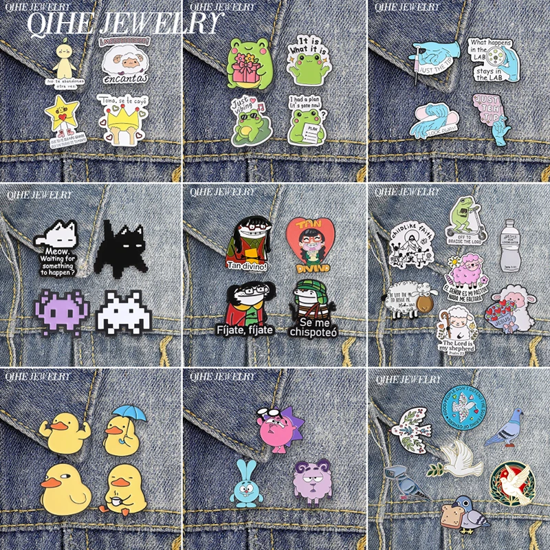 3-7PCS/SET Comedy TV Flork Meme Anime Sheep Bunny Enamel Pin Retro Pixel Shooting Game Alien Cat Brooch Lapel Badge Jewelry Gift