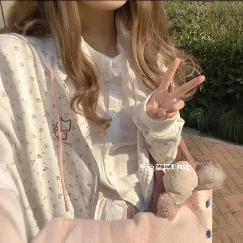 Cat Y2K Floral Hoodie Jacket Harajuku Korean Kawaii Hooded Coat Zipper Jacket Women Cardigan Loose Long Sleeve Thin Top Tee New
