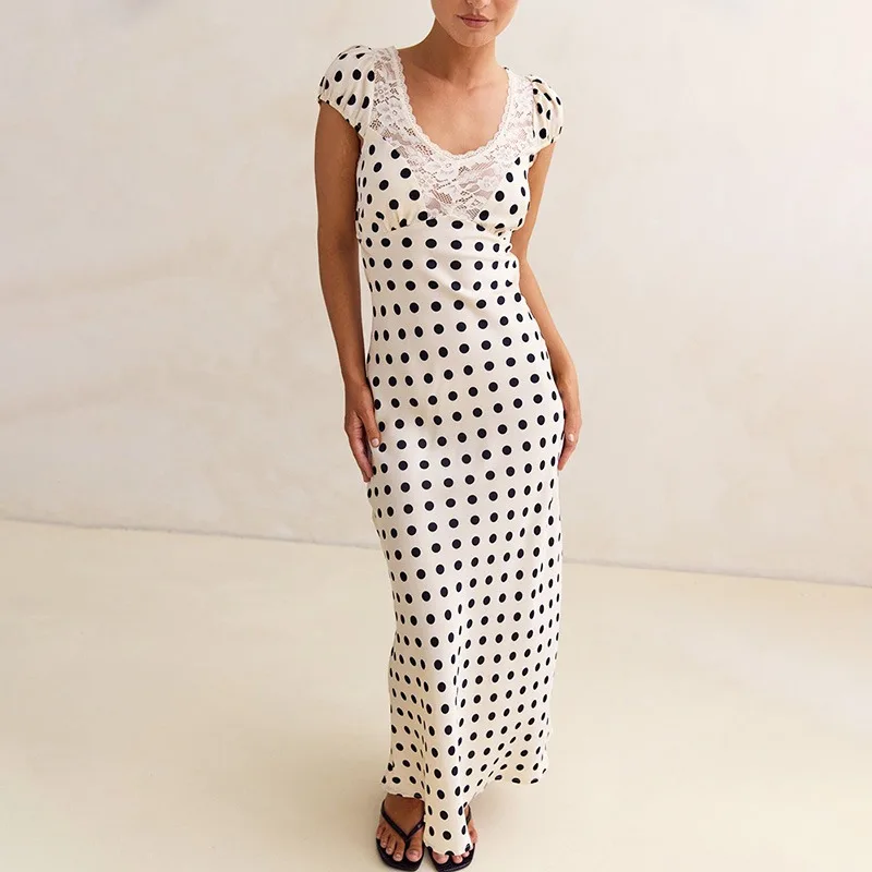 

Ticketsx Satin Polka Dot Dress Fashion Lace Patchwork Hollow Out Slim Women Long Dress Elegant New Vacation Party Evening Dress