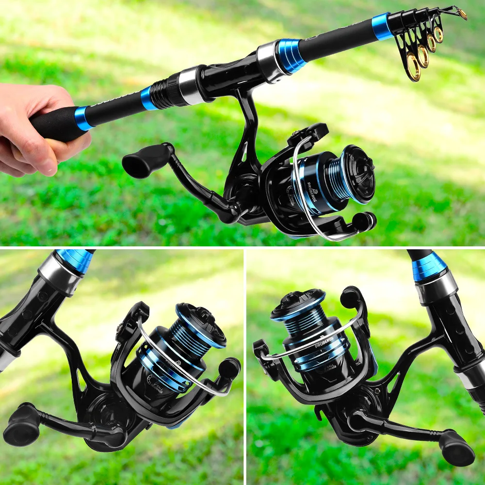 Long Cast Telescopic Fiberglass Sea Fishing Rod, Rod Reel Combo or Full Kit with Lures Nylon Line Tackle Bag for Beginners