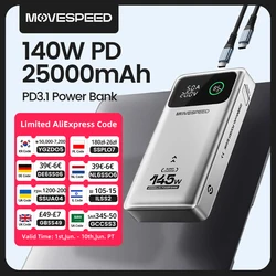 MOVESPEED M25Pro 140W banco de energía 25000mAh tipo C carga rápida batería externa portátil 100W PowerBank para iPhone MacBook portátil