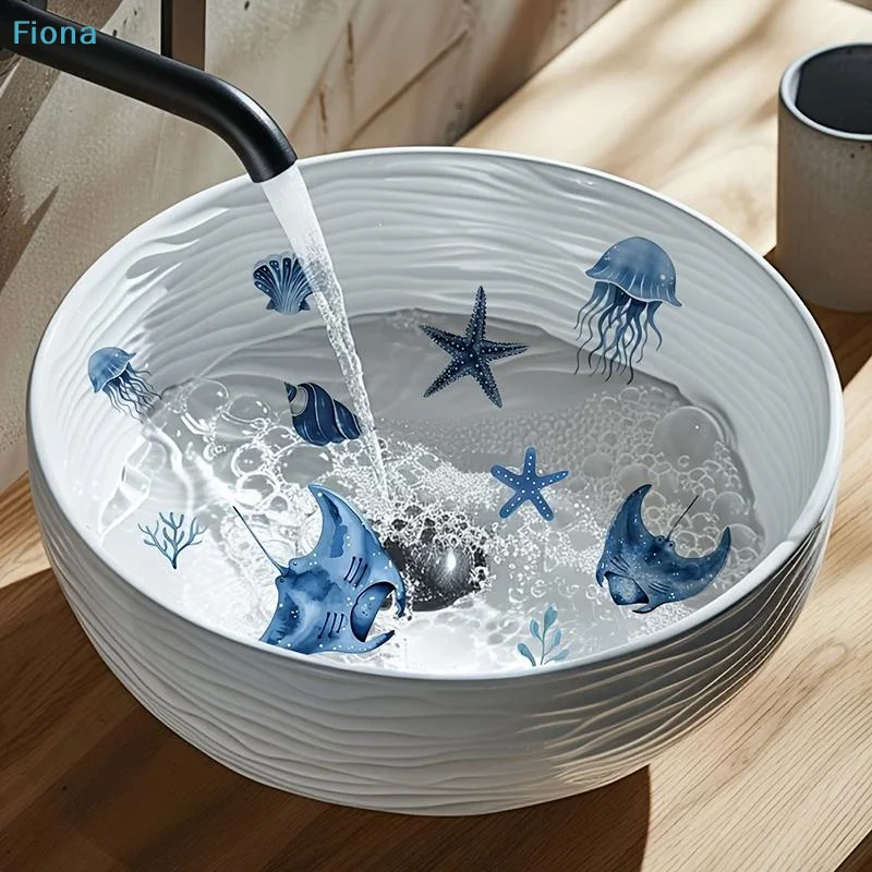 ✔Blue Tone Marine Life Glass Sticker Bathroom Sink Decorative Decal Wall Sticker Self-Adhesive Removable Home Decoration