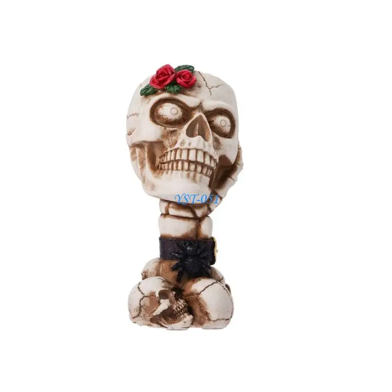 E15A Small Skull Flower Pot for Entryway Display, Resin Holder with Rose Detail and Bone-Tone Finish for Shelf Table Use