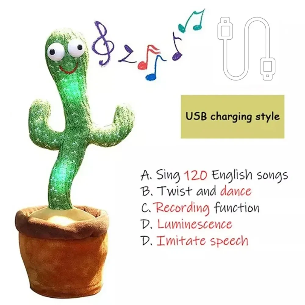 Dança cactus falando brinquedo de pelúcia com função de mudança de voz, 120 peças músicas carregamento usb, presente educacional para crianças
