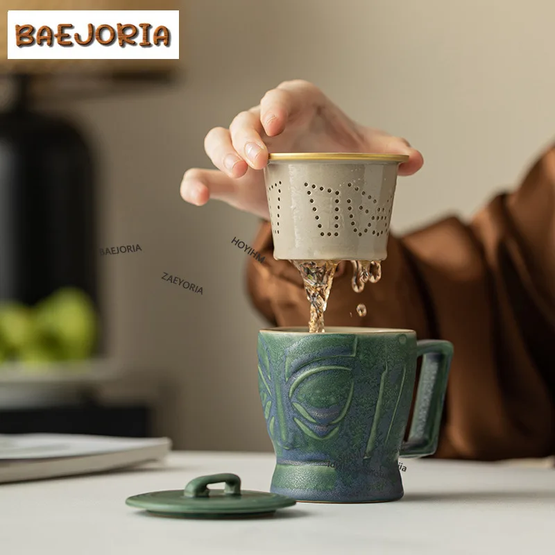 BAEJORIA 210ml Chinese Sanxingdui Culture Ceramic Filter Tea Separator Cup Customized Office Work Mug Teaset Portable Travel Bag