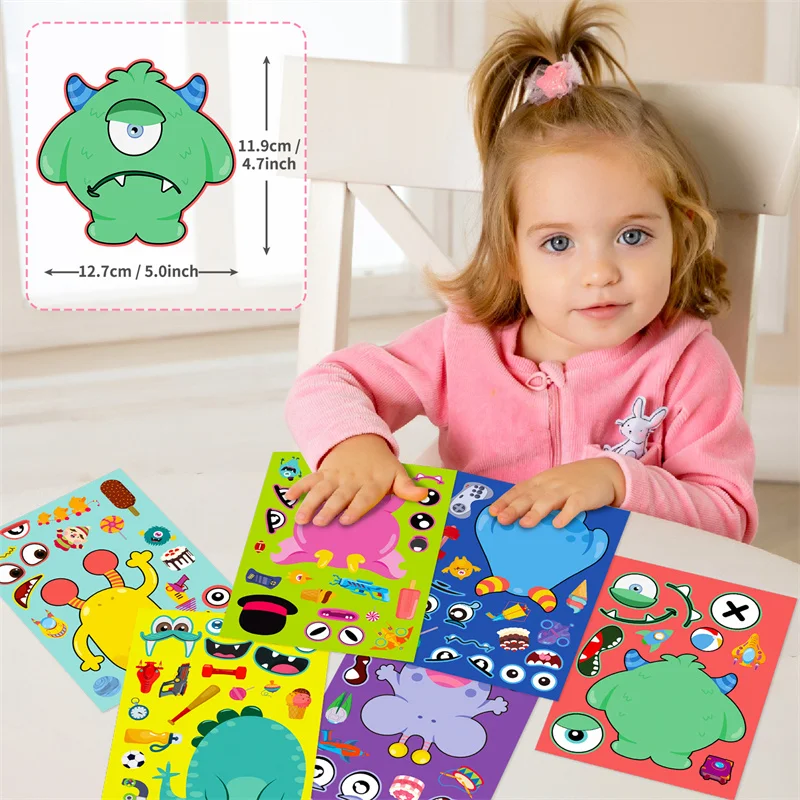 Make a Monster Face Stickers Sheets For Kids 6-24PCS Puzzle Jigsaw Stickers DIY Toys Children Boys Girls Party Games Gifts