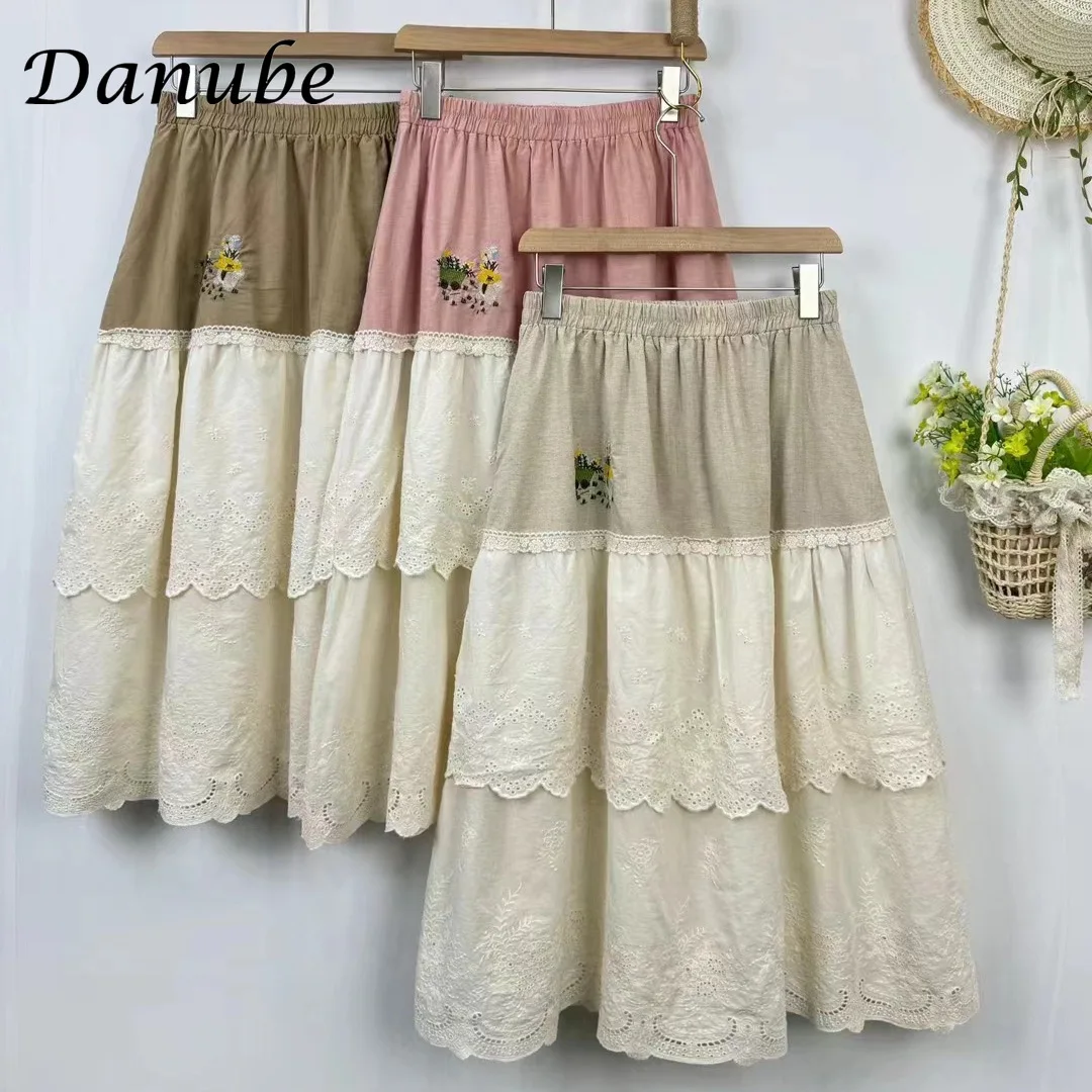 

Vintage Mori Girl Lace Patchwork Cotton Linen Skirt For Women Spring Summer Elastic High Waist A- line Pleated Skirt Jupe Femme