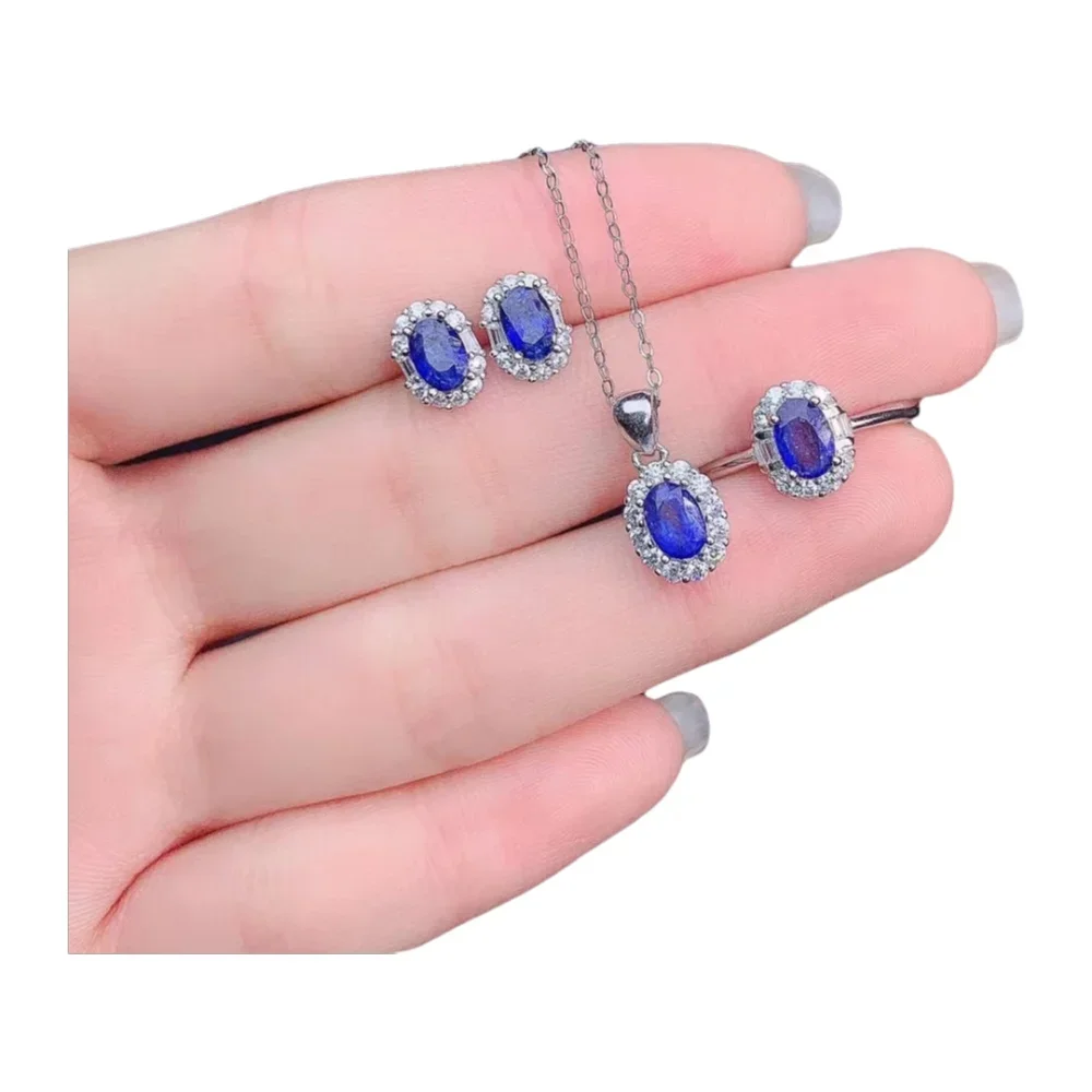 

925 Pure Silver Inset Natural Gem Women, Luxury Classic, Fresh Sapphire Pendant, Ring Earring Set, Support Detec, Fine Jewelry