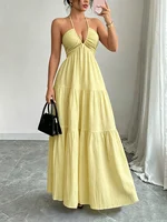 Women Halter Maxi Dress Neck Tiered Gathered Bust Textured Empire Waist Dresses Casual Boho Summer Date Vacation Beach Dress