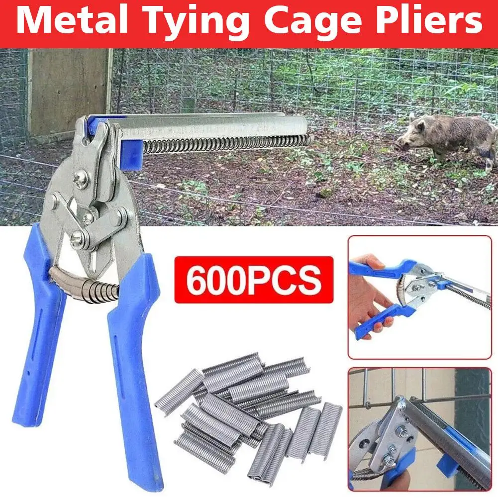 Type M Nail Pliers, Hog Pliers Kit With 600 Pcs Galvanized Steel Rings Metal Tying Cage Pliers For Animal Cage L5U0