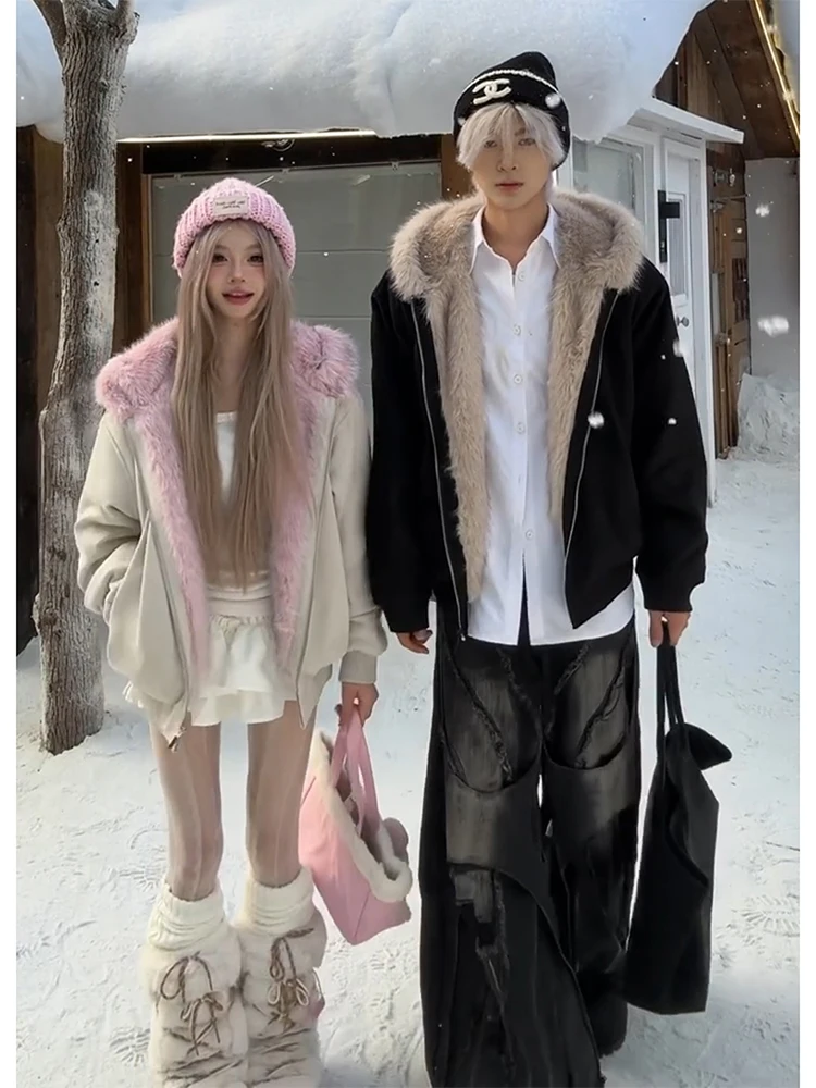 

Утепленная хлопковая куртка с капюшоном, пушистая, зимняя, уличная, для пар, приталенная, с длинными рукавами, на молнии, цветная