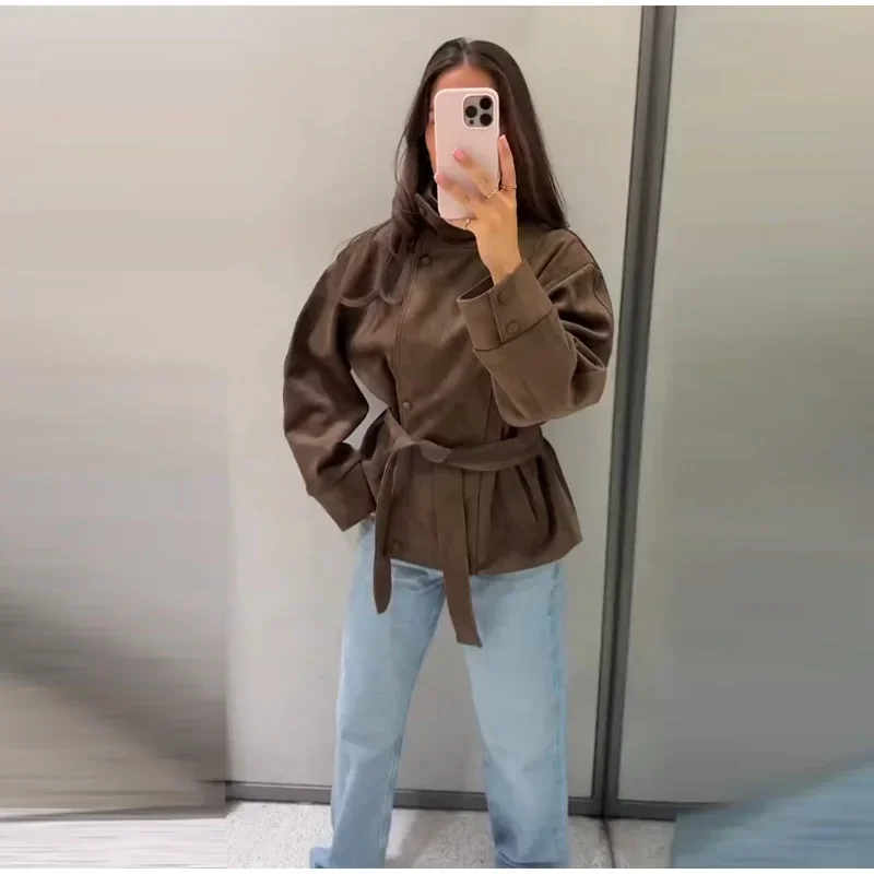 Kurze Damen-Winterjacke aus Wildleder mit Gürtel, Herbstmantel, Langarm, Locker Geschnitten, Lässige Oberbekleidung, Modische Streetwear – Detail 9