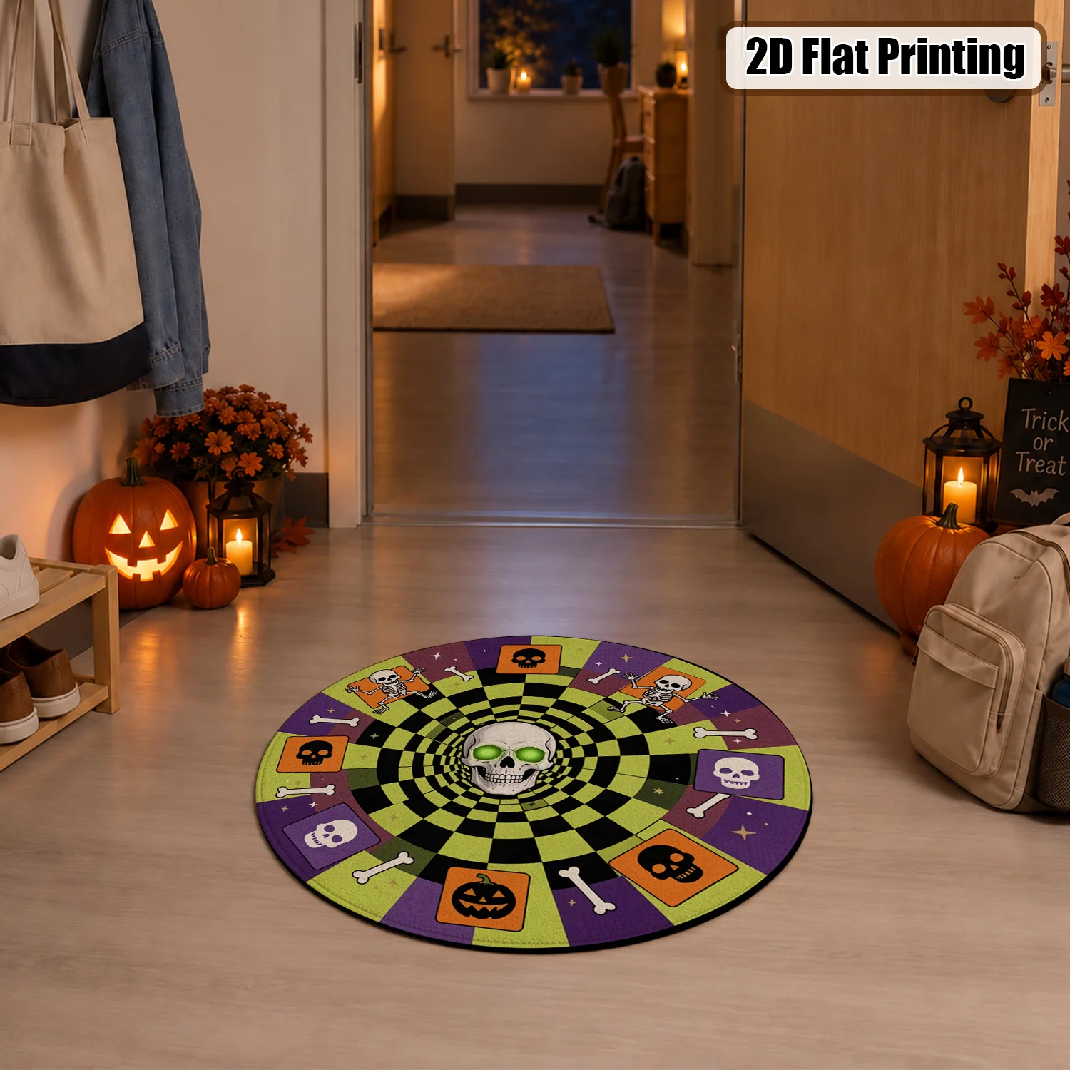 Spooky Halloween Skull Skeleton Pumpkin Pattern Round Velvet Rug, Machine Washable, Suitable for Living Room, Bedroom, Entryway, Great for Halloween, Thanksgiving, Black Friday, Christmas, New Year Festive Decor