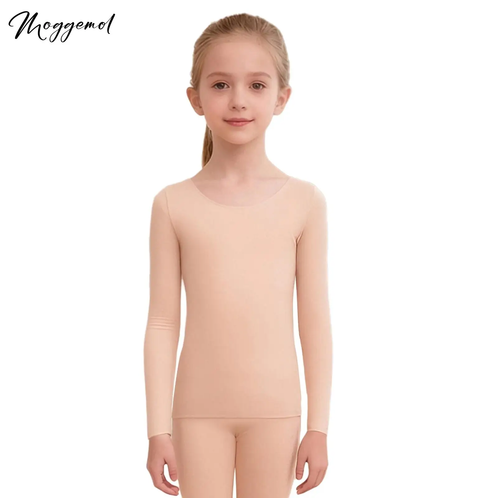 Girls Gymnastics Seamless Thermal Underwear Tops Round Neck Long Sleeve Pullover Top for Ballet Dance Practice Warm Up Training
