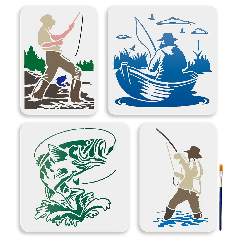 4Pcs Fishing Template 11.8x11.8/11.7x8.3inch Fisherman in Fishing Boat Stencil Reusable Fisherman Lake Fishing Rod Drawing
