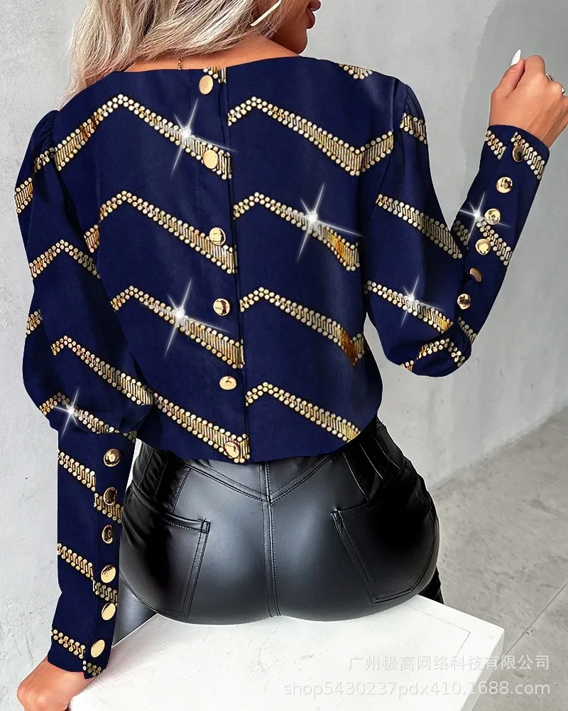 New Women\'s Autumn/Winter Fashion Stripe Printed Top Long sleeved Round Neck Button Elegant Shirt