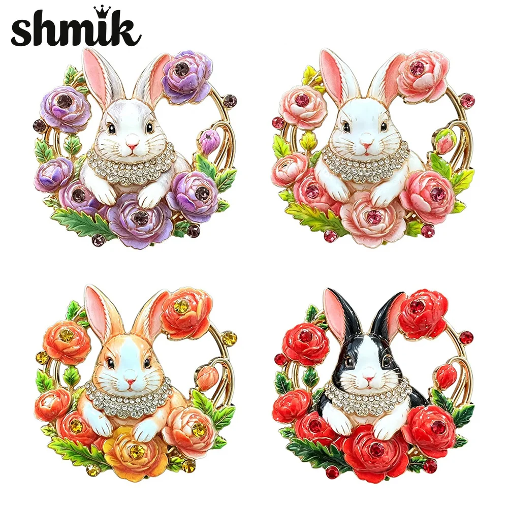 Cute Flower Wreath Bunny Brooch Enamel Rhinestone Pin, Retro Animal Brooch for Women Clothing Decor Gift