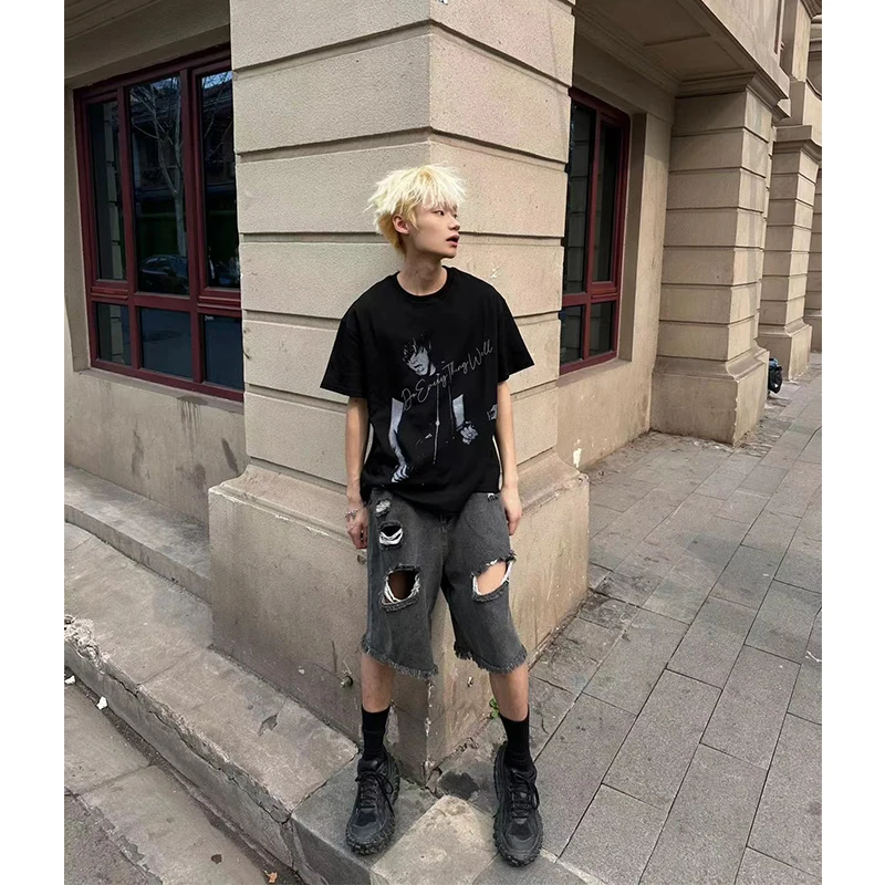 

Waed Bla Men's Denim orts Summer High Street over Knee Five-Point Trendy Brand Design Sensation Frayed Pants