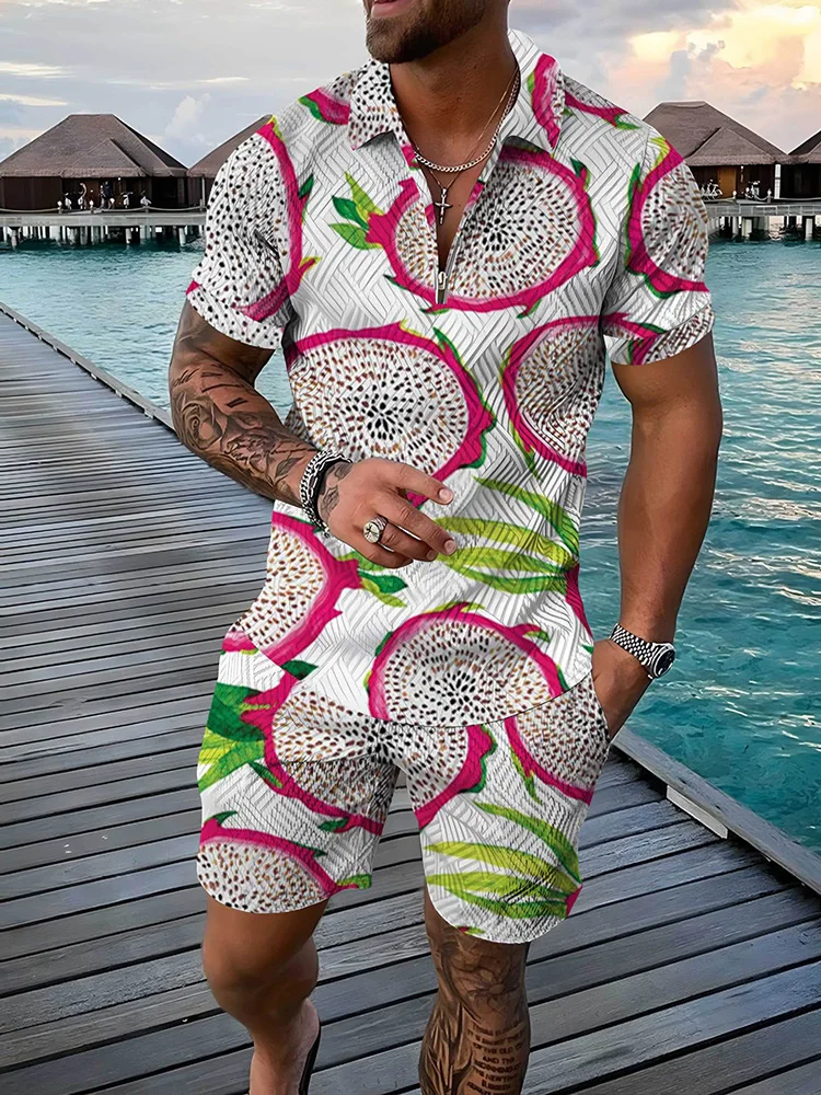 Summer Tropical Fruit 3D Print Men\'s Zipper Collar Tracksuit Trend Polo Shirt Fashion Shorts 2pcs Sets Men\'s Streetwear Set