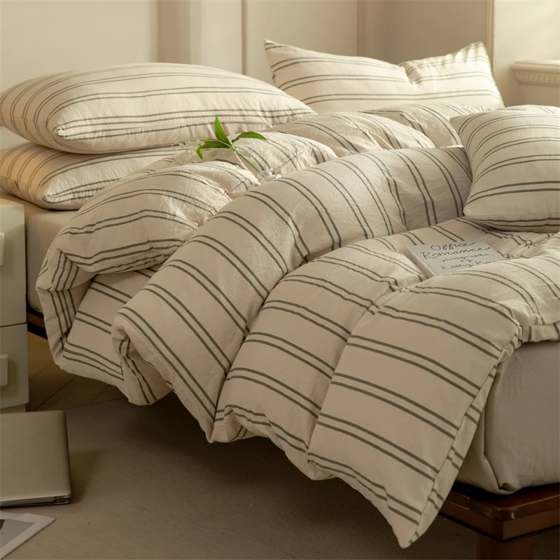 

Chic Bedding Set 100% Washed Cotton Duvet Cover Set with Bed Sheet Pillowcase Ultra Soft Comfortable 3pcs/4pcs Striped Bed Set