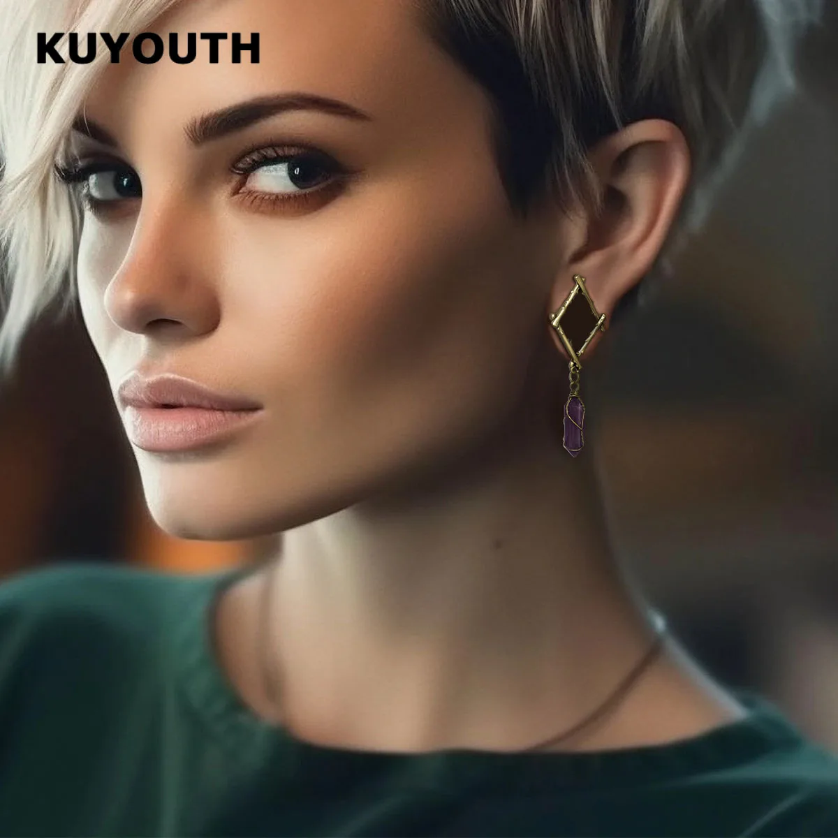KUYOUTH 2PCS Amethyst Pendant Ear Tunnels Rhombus Stretchers Copper Expanders Plugs Body Piercing Jewelry
