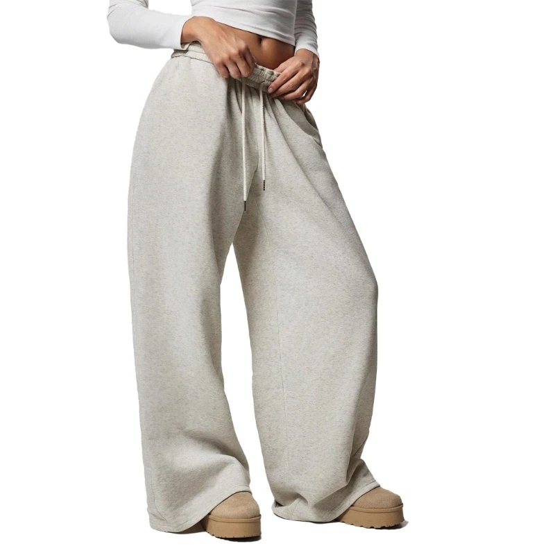 HX6F Women's drawstring waist straight leg wide-leg fleece-lined casual loose-fitting sports pants