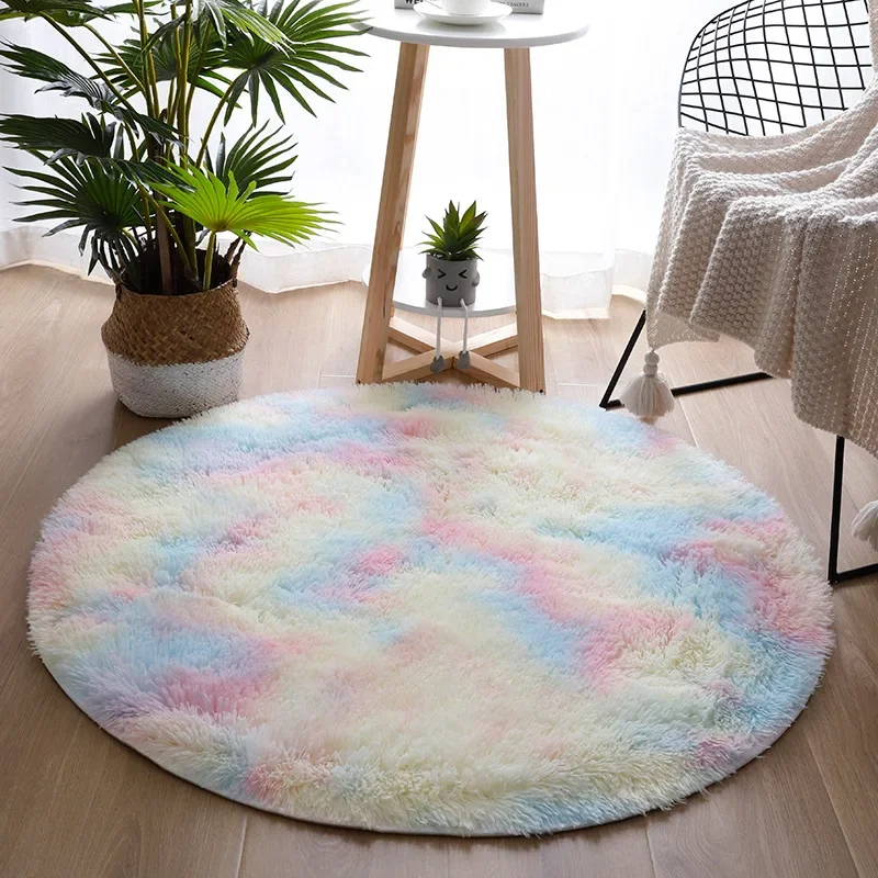 

Rainbow Colorful Soft Fluffy Carpets Girl Round Hairy Area Rug for Bedroom Decoration Carpet Shaggy Bedside Mat Princess Style