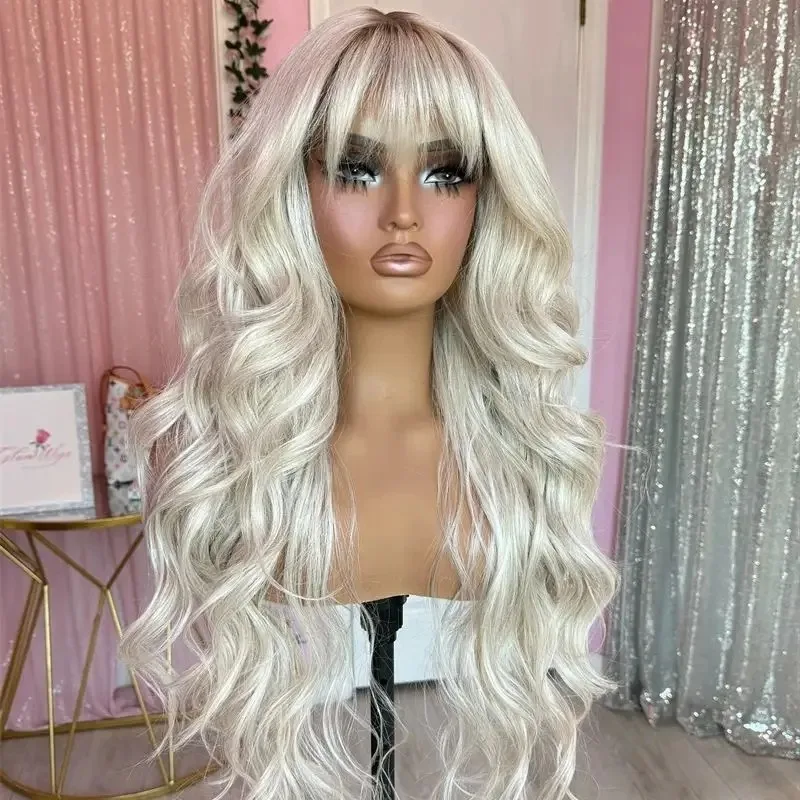 Loose Wave Lace Front Wig with Bangs Ombre White Blonde With Short Roots Women Synthetic Premium Fibre Heat Resistant Party Wear