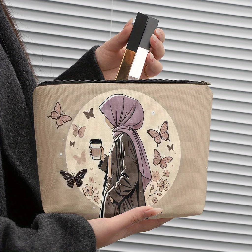 1 Piece of a Woman in a Mask Holding a Drink and a Cosmetic Bag - Multifunctional Zipper Bag for Women, Perfect Travel Zipper Storage Bag, Fun Birthday Gift - view 4