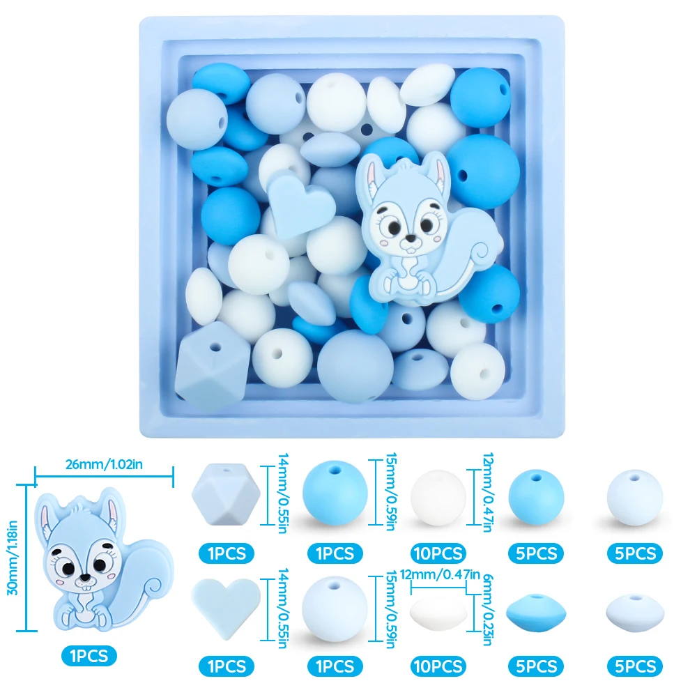 45pcs/Set Squirrel Silicone Beads Baby Round Heart Focal Beads Chew Set Food Grade DIY Pacifier Chain Clips Accessories