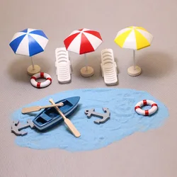 Paisaje de playa de verano, adornos de paisaje marino, barco, estrella de mar, sombrilla, boya salvavidas, silla, modelo en miniatura, decoración de terrario DIY