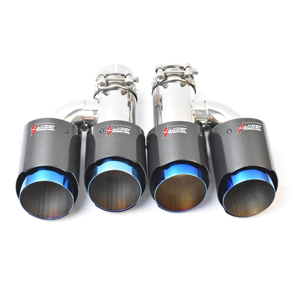 2Pcs H Style Car Dual Exhaust Brunt Blue End Pipe Glossy Carbon Fiber Muffler Tip