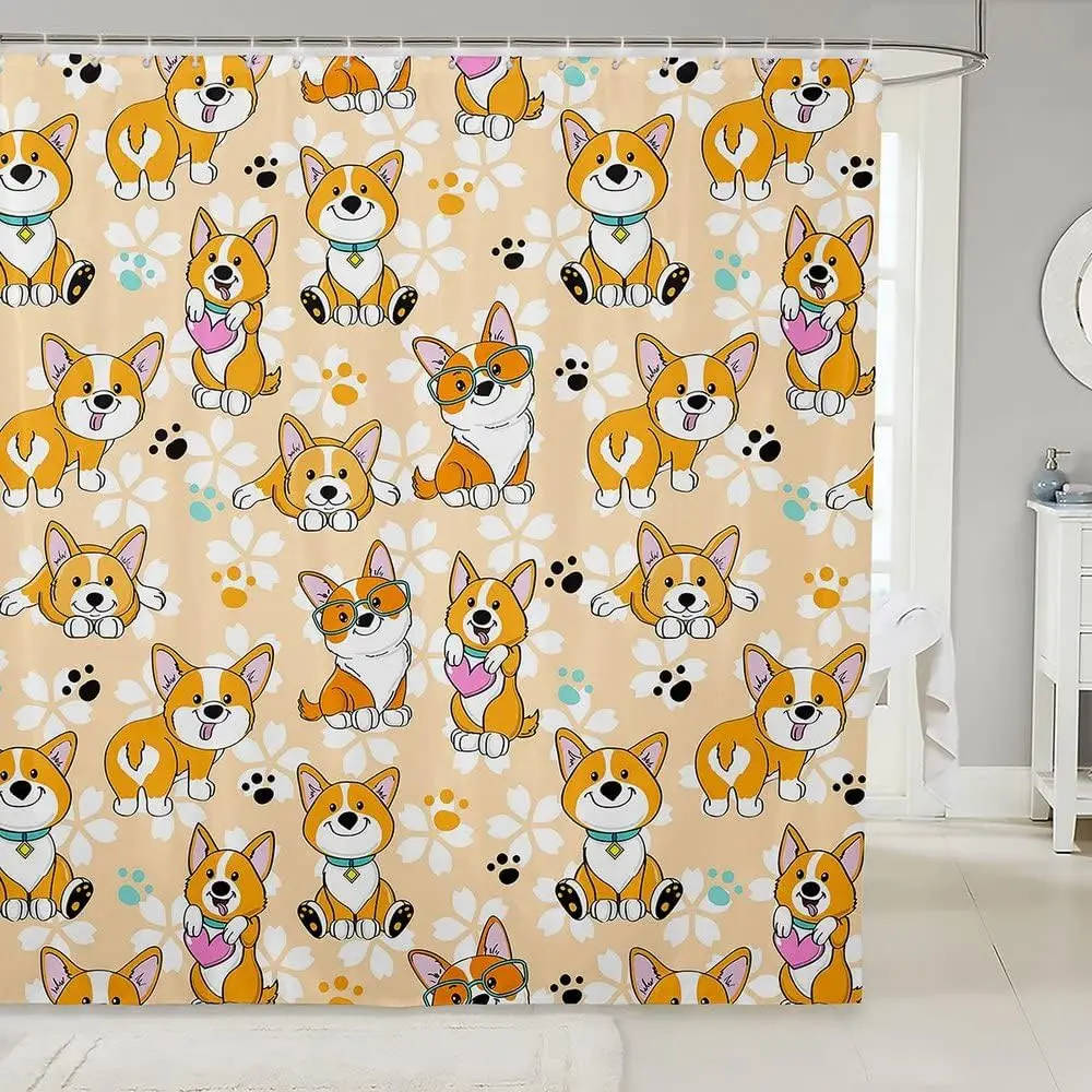 

Cute Corgi Shower Curtains,Cartoon Dog Paw Bathroom Curtains for Kids Teens Boys,Smiling Dog Yellow Waterproof Bath Curtains